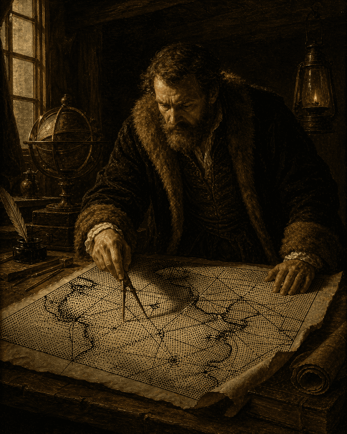 An oil painting of a 17th-century cartographer with a dithered map.
