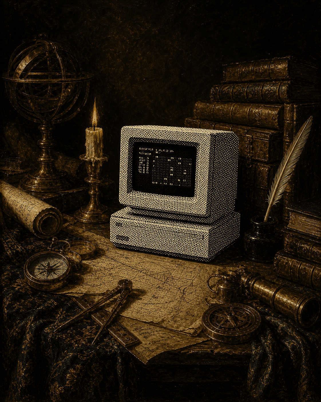 A still-life of scientific instruments with a dithered monochrome CRT terminal at center.