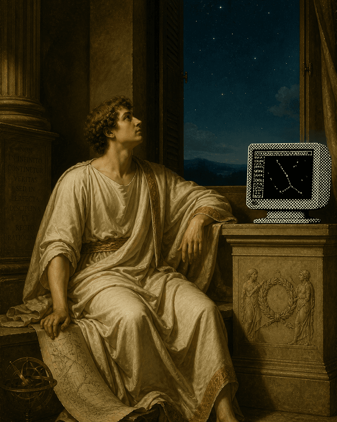 A neoclassical figure looking toward a dithered monitor.
