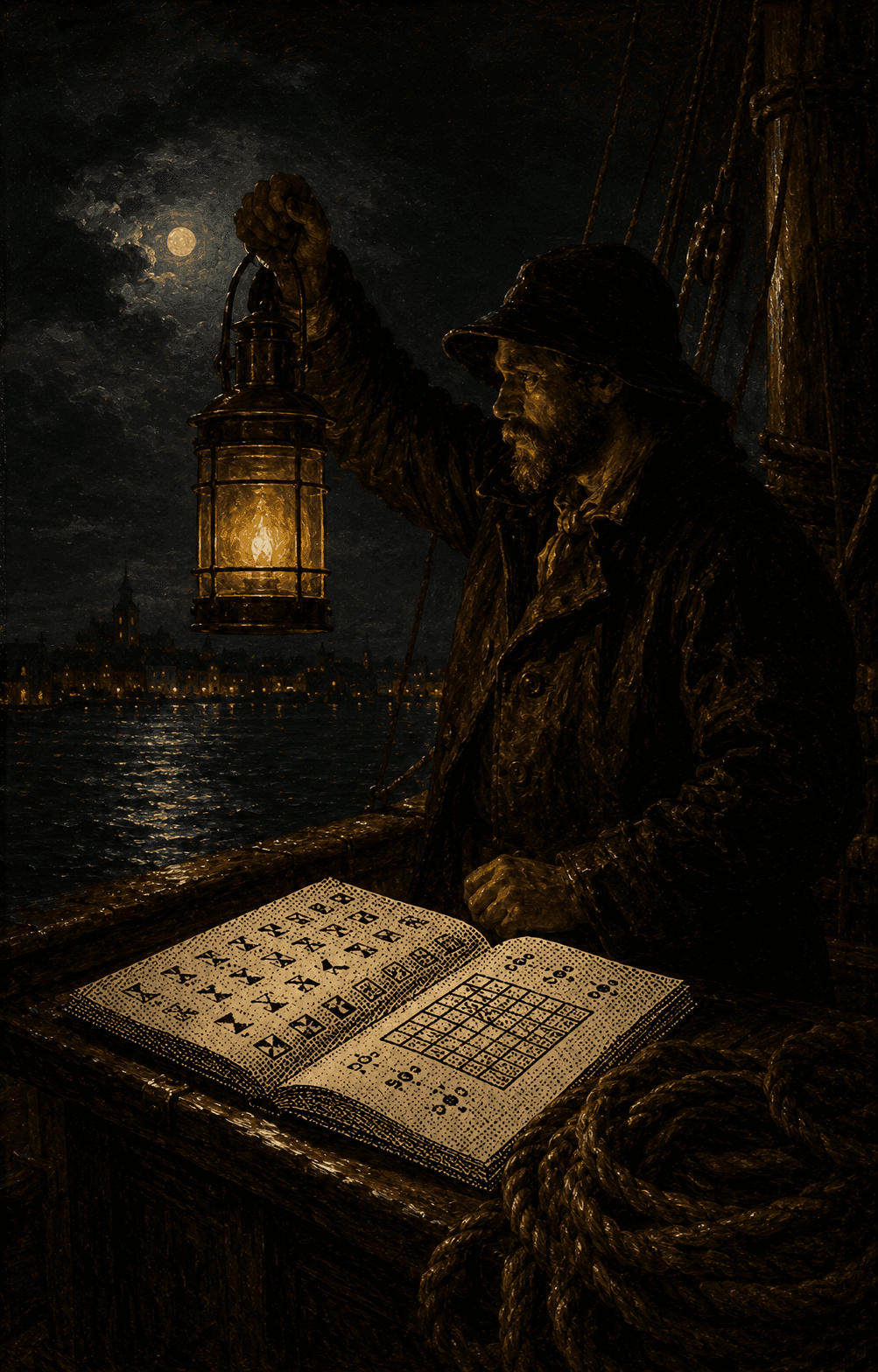 A Dutch Golden Age painting of a sailor raising a signal lantern at a ship's rail at night; a dithered signal codebook rests on the rail.
