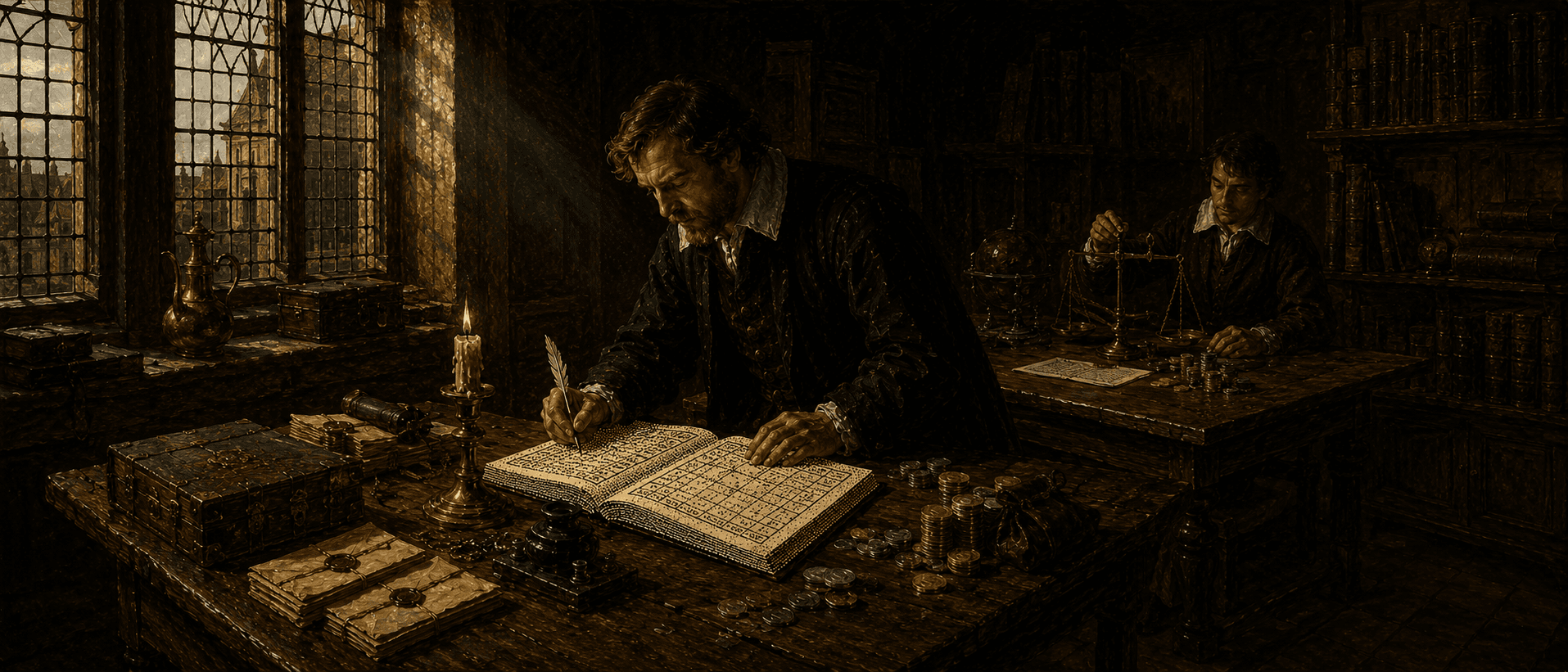 A panoramic Dutch Golden Age painting of a merchant's counting house; the open ledger is rendered as a dithered table of figures.