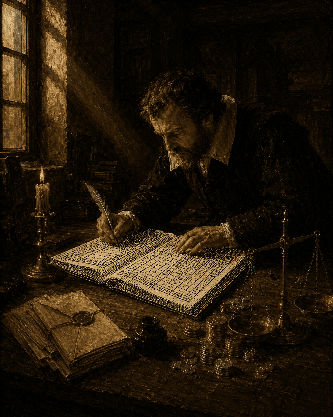 A Dutch Golden Age painting of a merchant at his counting-house table; the open ledger is rendered as a dithered table of figures.