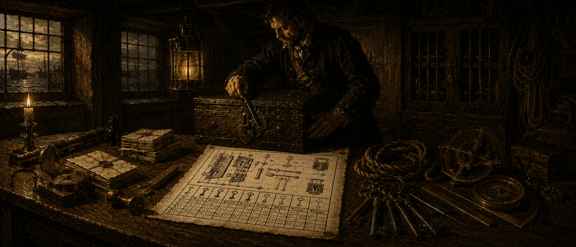 A panoramic Dutch Golden Age painting of a quartermaster's room; a dithered parchment at center shows a lock schematic and key registry.