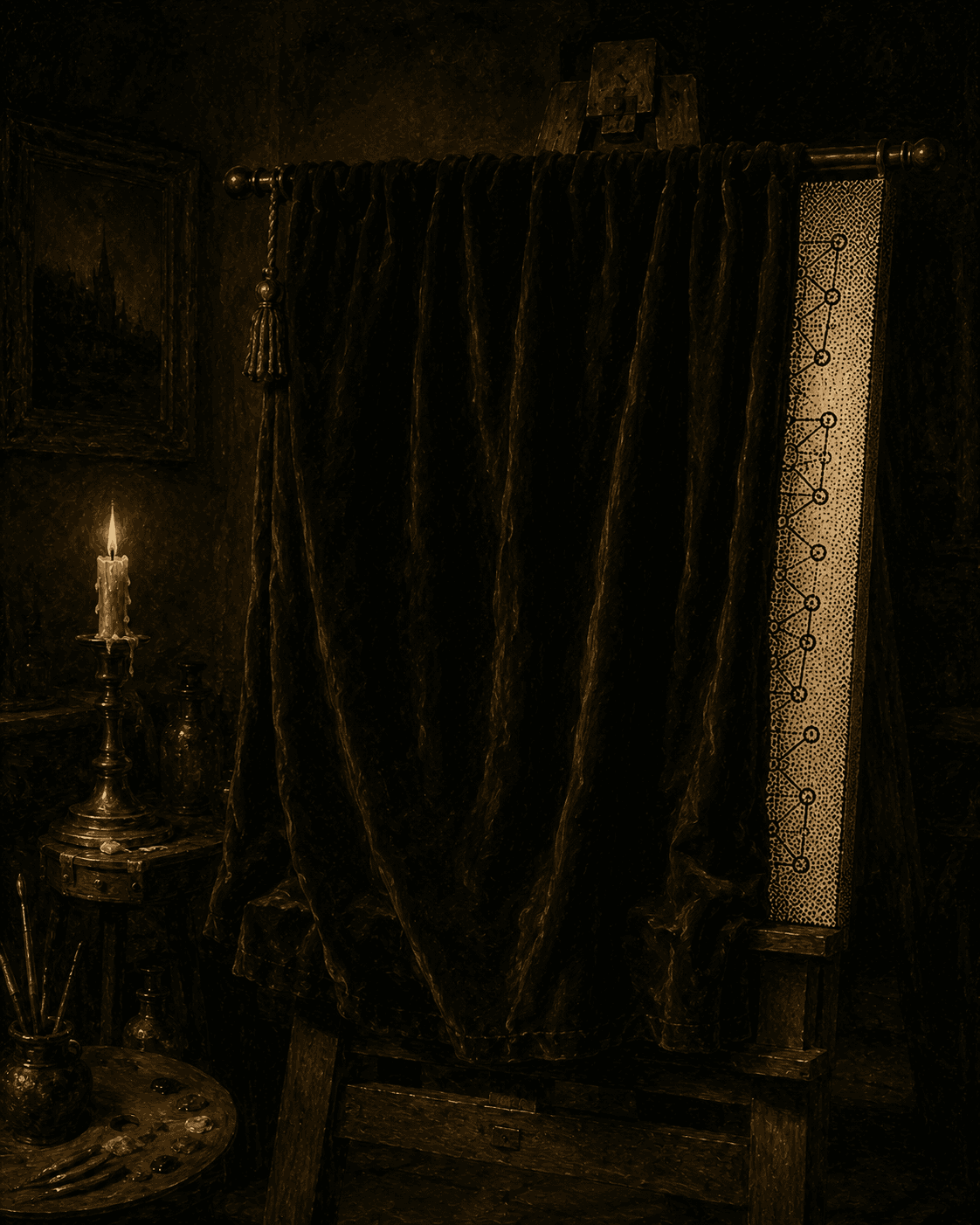A trompe-l'oeil painting of a canvas concealed by a velvet curtain; a dithered sliver of diagram shows at one edge.