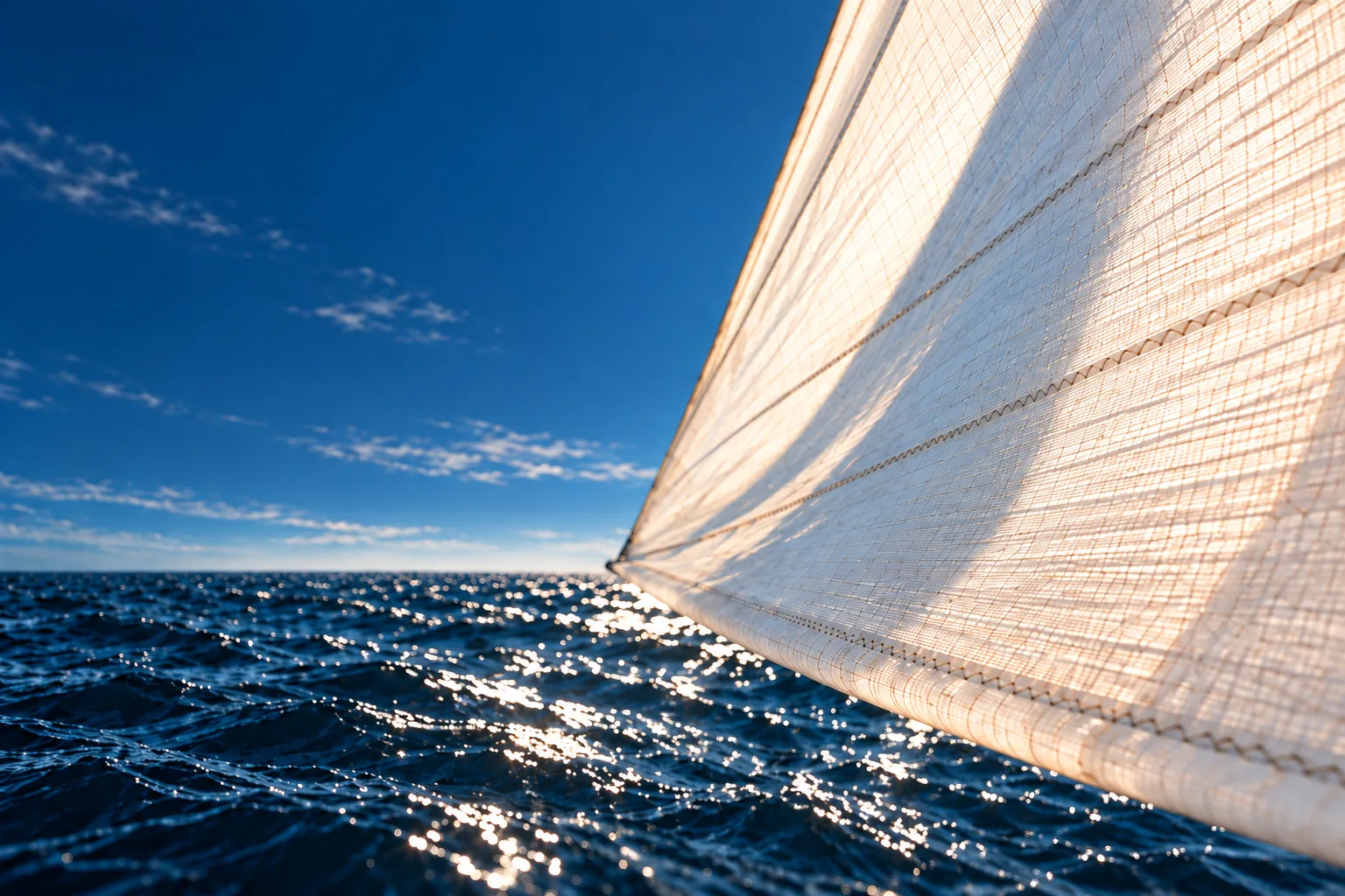 Sunlit white sailcloth curving across a deep blue sky above a sparkling open sea.