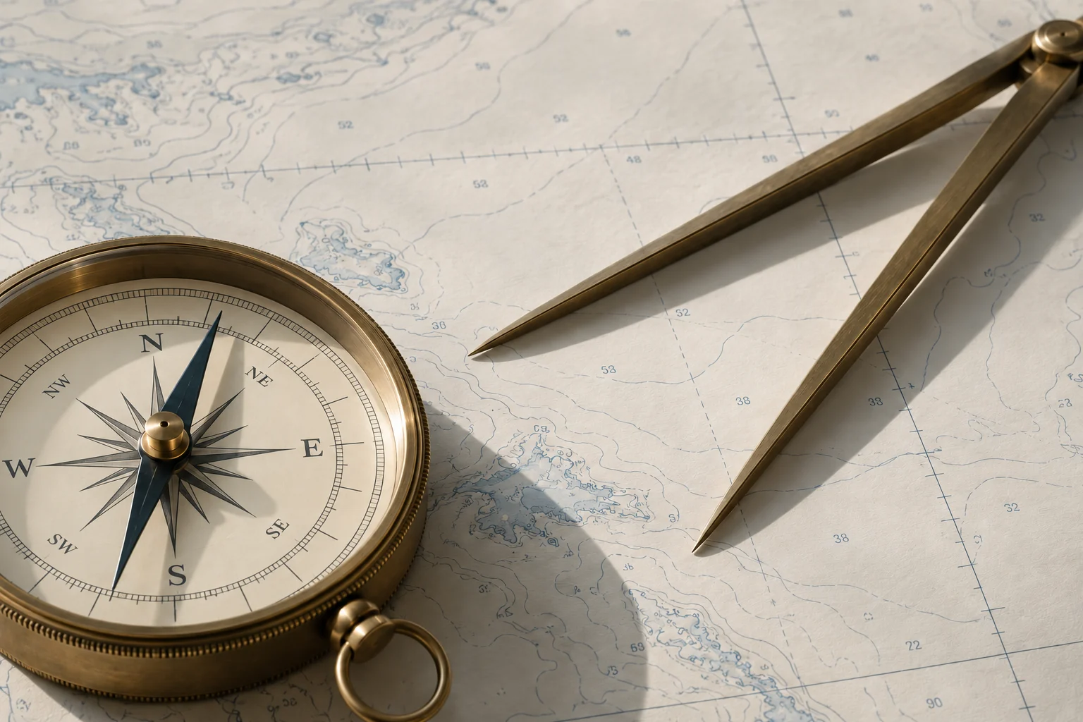 A precision compass and chart dividers on a pale navigation chart.